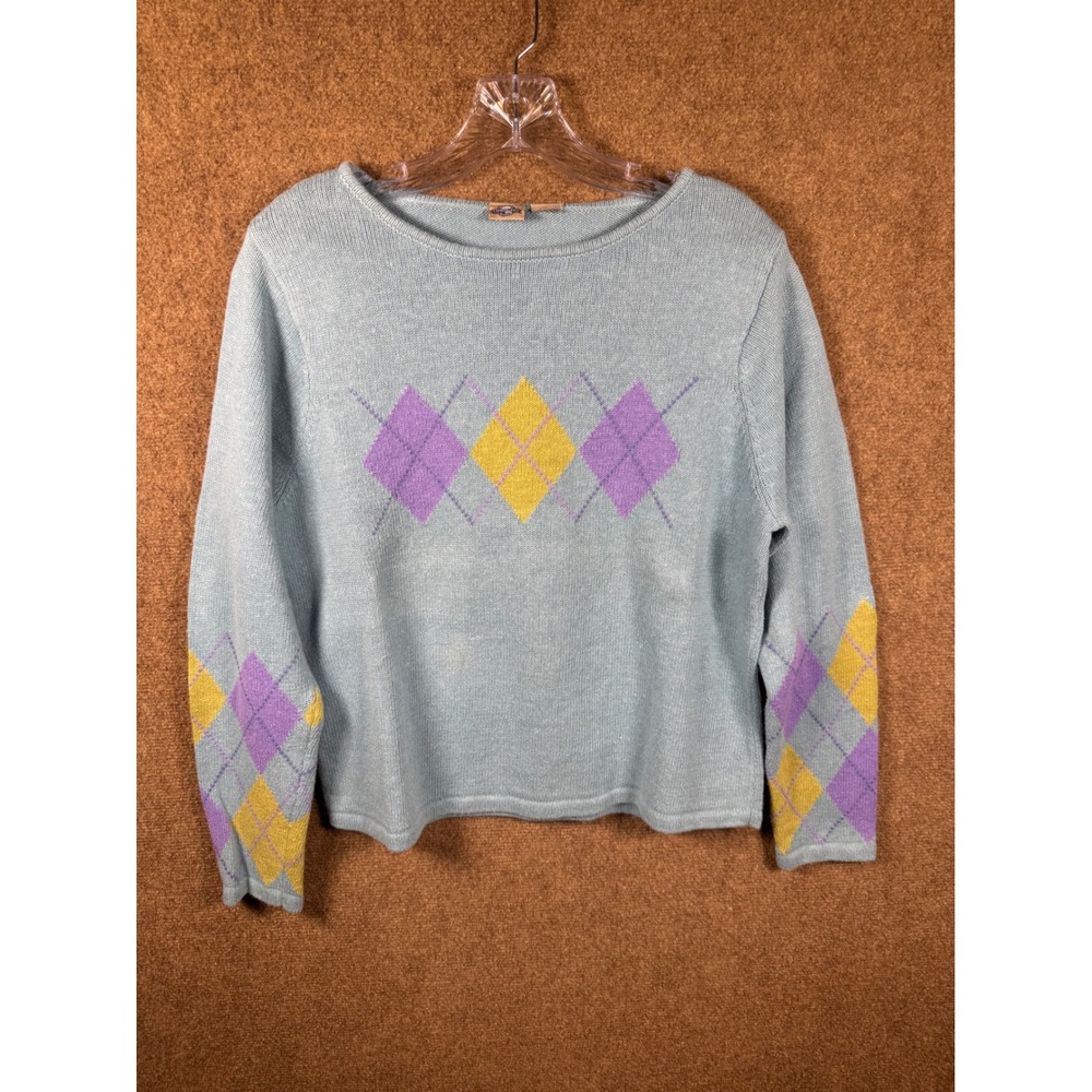 Vintage Shaver Lake Womens Medium Argyle Knit Crewneck Sweater Light Blue Purple